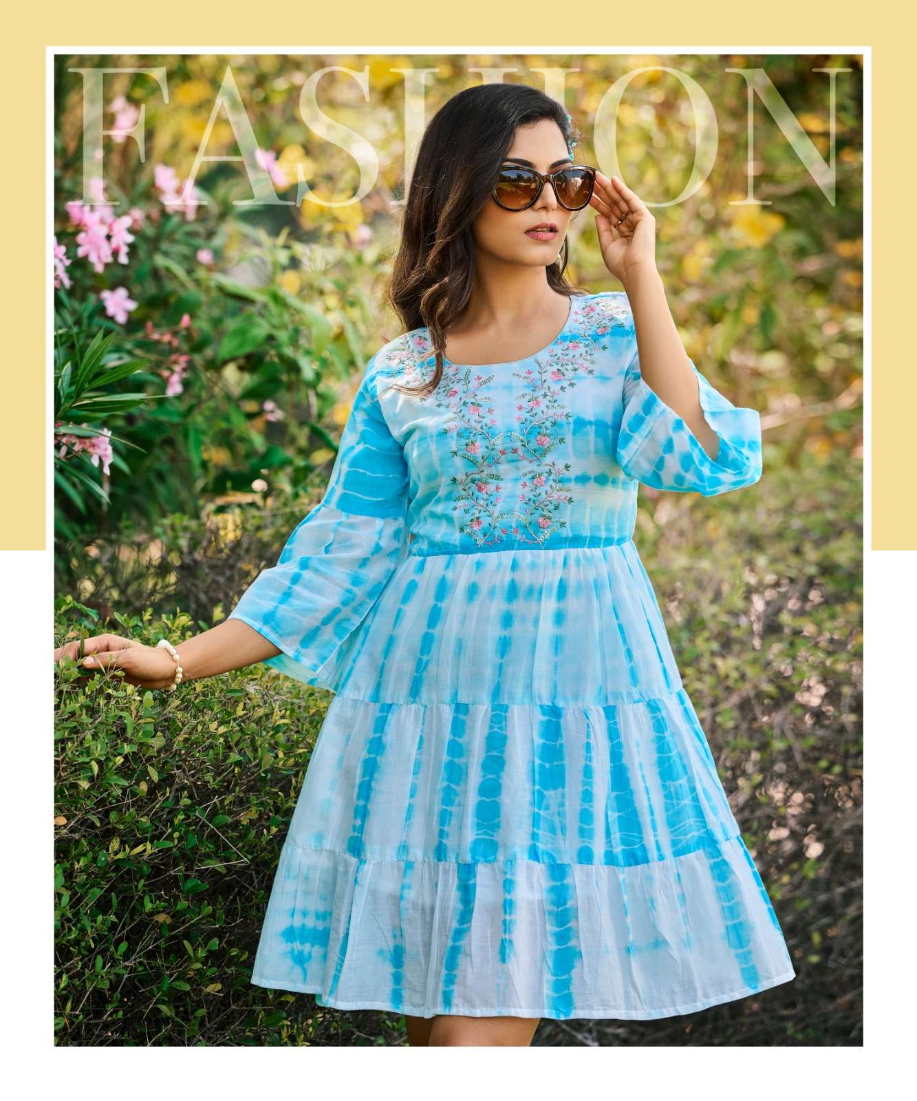RICHGIRL MULL COTTON SEQUENCE, EMBROIDERY AND HANDWORK FANCY TUNICS WITH SHADES OF SHIBORI PRINT BY RANGJYOT BRAND 1001 C (2)